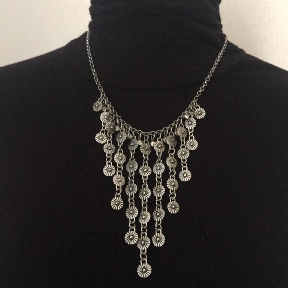 Silver Statement Necklace/Dangling Dainty Flowers